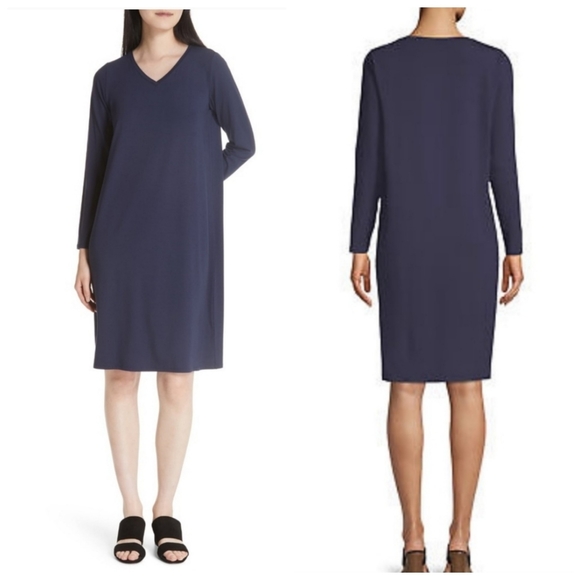 Eileen Fisher | Gray V Neck Viscose Jersey Dress - Picture 1 of 8